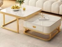 Marble Laminated Square Coffee Table Set of 2, Modern Stacking Sofa Center Table Round End Tables with 1 Drawer Storage and Metal Frame (Gold White)