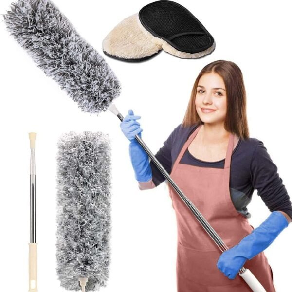 Microfiber Feather Duster Bendable & Extendable Fan Cleaning Duster Fan Mop with Car, Window, Furniture, Cleaning Gloves