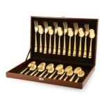 Montavo by FnS Alexa Gold 24 Piece Stainless Steel Cutlery Set with Leatherette Box (6 Dinner Spoon, 6 Dinner Fork, 6 Teaspoon & 6 Baby Spoon)