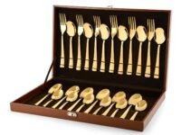 Montavo by FnS Alexa Gold 24 Piece Stainless Steel Cutlery Set with Leatherette Box (6 Dinner Spoon, 6 Dinner Fork, 6 Teaspoon & 6 Baby Spoon)