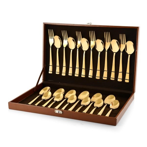 Montavo by FnS Alexa Gold 24 Piece Stainless Steel Cutlery Set with Leatherette Box (6 Dinner Spoon, 6 Dinner Fork, 6 Teaspoon & 6 Baby Spoon)