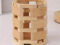 Multifunctional Wooden Desk Organizer for Stationery – Polygonal Bamboo Cup for Pens, Makeup Brushes, Art Supplies & Kitchen Cutlery – Perfect for Living Room & Dressing Table (1 Pcs)