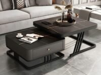 Nesting Table Set of Two Contemporary Square Stacking Coffee Tables for Living Room Apartments with Drawers, Wooden Top, Metal Frame End Table, Center Table Full Black