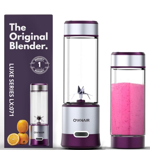 OWNAIR Portable Blender | Smoothie & Juice Maker | 180W Blender Mixer Grinder | 5000mAh Rechargeable Portable Juicer | 450ml High Borosilicate Glass Jar | Baby Food & Smoothie Maker | Grey & Purple