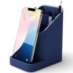 OnnGeo Minimalist Desk Organizer with Phone Stand | Multipurpose Stationery & Pen Holder | Ribbed Design, Navy Blue | Office & Home Organize