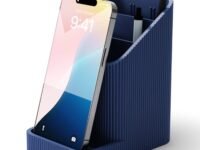 OnnGeo Minimalist Desk Organizer with Phone Stand | Multipurpose Stationery & Pen Holder | Ribbed Design, Navy Blue | Office & Home Organize