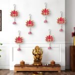 PANCA Lotus Wall Hanging with Jhumki - Set of 6 | Pink/Raani Artificial Flowers Bunch | Decorative Wall Hanging for Pooja Room, Mandir, Door, Varalakshmi & Diwali Festival Home Décor