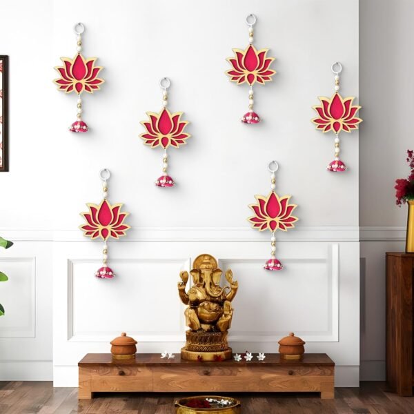 PANCA Lotus Wall Hanging with Jhumki - Set of 6 | Pink/Raani Artificial Flowers Bunch | Decorative Wall Hanging for Pooja Room, Mandir, Door, Varalakshmi & Diwali Festival Home Décor