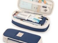 Pencil Case Aesthetic Pencil Pouch Stationery Big Capacity Pencil Bag School College Office Organizer Gift for Teens Girls Adults Student (Navy)