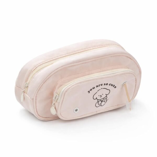 Pencil Case Pouch for Girls & Boys Aesthetic Multi-Compartment Zipper Pouch with Drawstring Pocket, Cute Kawaii Pencil Case, Stylish Stationery Bag for School, College & Office Use (So Cute Beige)