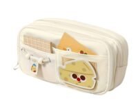 Pencil Case Pouch for Girls & Boys, Aesthetic Multi-Compartment with Drawstring Pocket, Cute Kawaii Design, Stylish Stationery Bag for School, College & Office (White)