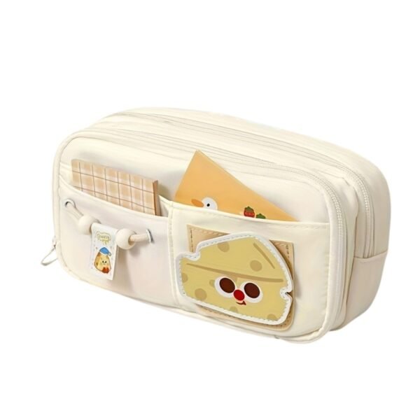 Pencil Case Pouch for Girls & Boys, Aesthetic Multi-Compartment with Drawstring Pocket, Cute Kawaii Design, Stylish Stationery Bag for School, College & Office (White)