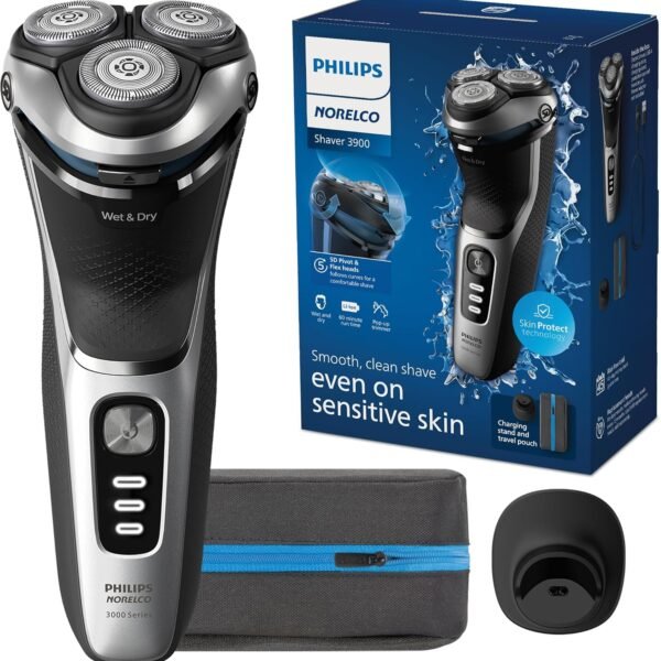 Philips Norelco Shaver 3900 Series, Wet and Dry Electric Shaver, P-Cap, Travel Pouch, Charging Stand, Storm Blue, Model S3341/92