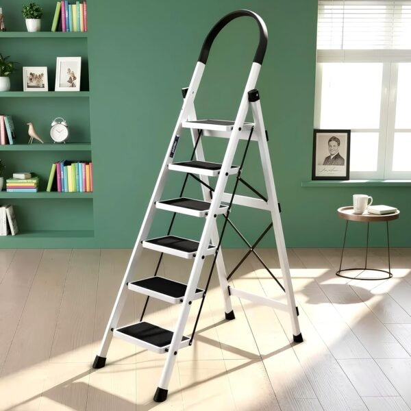 Plantex Steel Ladder for Home/Strong Foldable Wide 6 Step Ladder/Anti-Skid 6 Step Ladder - (Apex - White)