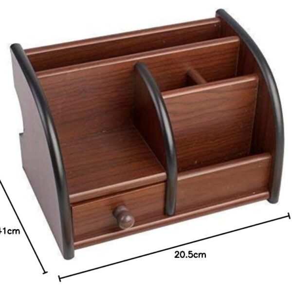 Polished Multi-Functional Wooden Desk Organiser, Pen Stand/Pencil Stand With Drawer, Stationery Stand For Office And Students Use - Mobile Holder For Desk, Brown