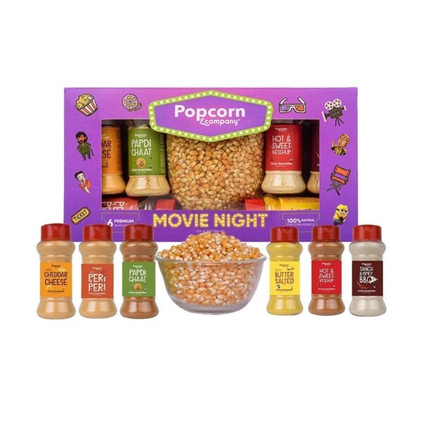 Popcorn & Company Movie Night Popcorn Kernels with 6 Seasonings (Peri Peri, Butter Salt, Butterfly Corn, Papdi Chaat, Hot Sweet & Cheddar Cheese) - 850g - Perfect for Movie Nights