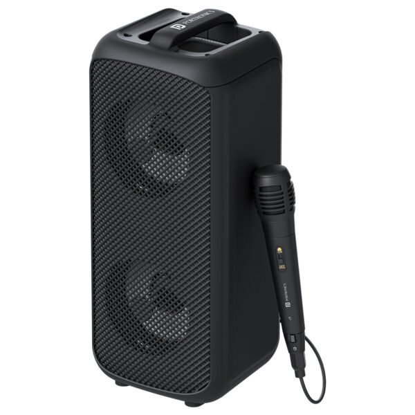 Portronics Rumble 25W Portable Bluetooth Speaker with Wired Karaoke Mic, Upto 5 Hours Playtime, Bluetooth V5.3, Dual Dynamic Driver, TF Card Slot, AUX in/USB in Port, Type C Fast Charging(Black)