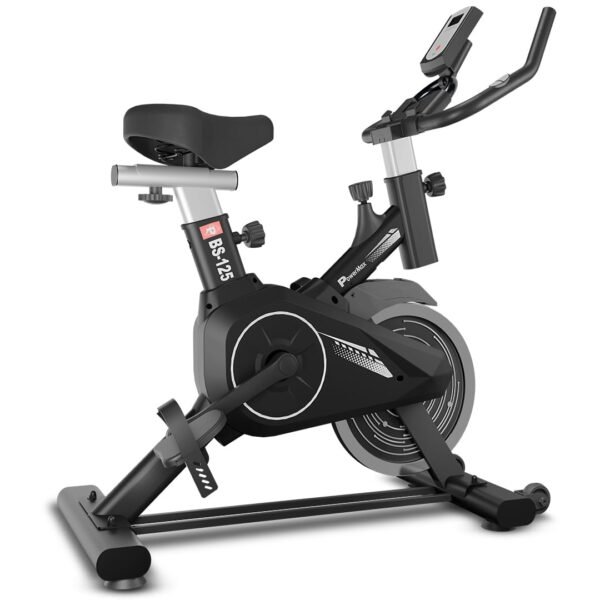 PowerMax Fitness BS-125 Spin Exercise Bike For Home Use,16Mm 6Kg Flywheel,Max User Weight 130Kg,LCD Display,2Pc Crank,Heart Rate Sensor,Knob Braking,Adjustable Foot Strap And Seat,Ipad Holder,Black