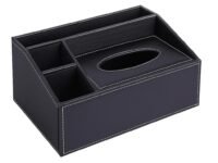 Premium PU Leather Desk Organizer with Tissue Holder | Multipurpose Remote, Mobile, Pen & Stationery Storage Box | Stylish Tabletop Organizer for Home, Office, Study & Car