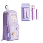 Premium Unicorn 3-Layer Big Capacity Pencil Case for Girls + Free Unicorn Push-Pull Eraser | School Bag Shaped Stationery Organizer | Cute Aesthetic Gift for Kids (Purple+Erasers)