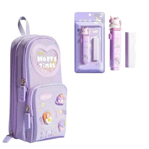 Premium Unicorn 3-Layer Big Capacity Pencil Case for Girls + Free Unicorn Push-Pull Eraser | School Bag Shaped Stationery Organizer | Cute Aesthetic Gift for Kids (Purple+Erasers)