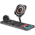 Promate Transparent Docking Station, MagSafe Desk Charger with 15W Qi Foldable Charging Stand, Apple Watch Charger, Charge Protection, RGB Lights, and Durably Made, AuraSlate-Trio,2 Years Warranty