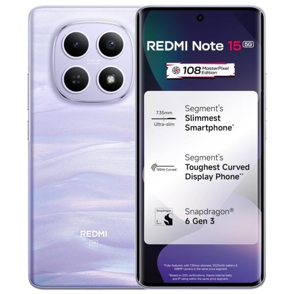 REDMI Note 15 5G (Mist Purple, 8GB RAM 256GB Storage) | 108MP OIS Camera | Snapdragon 6 Gen 3 | 17.2cm Tough Curved AMOLED Screen | Segment’s Slimmest Phone | 5520mAh Si/C Battery | 45W Fast Charging