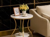 RETI Wrought Iron Golden 2 Tier Round End Table Coffee Table Side Table Bedside Table Nightstand Side Corner for Living Room Bedroom Dining Room Kitchen Office| Golden Stool | Furniture