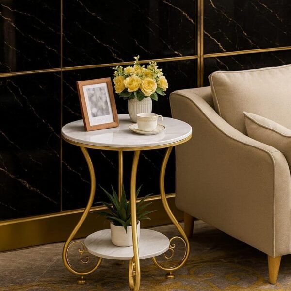RETI Wrought Iron Golden 2 Tier Round End Table Coffee Table Side Table Bedside Table Nightstand Side Corner for Living Room Bedroom Dining Room Kitchen Office| Golden Stool | Furniture