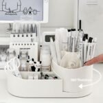 Revolve 360 Degree Rotating Office Desk and Makeup Brush Organizer Stand, Multipurpose Organizer with 16 Compartments for Brushes, Pens, Stationary – Durable, No Installation Needed (White)