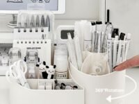 Revolve 360 Degree Rotating Office Desk and Makeup Brush Organizer Stand, Multipurpose Organizer with 16 Compartments for Brushes, Pens, Stationary – Durable, No Installation Needed (White)