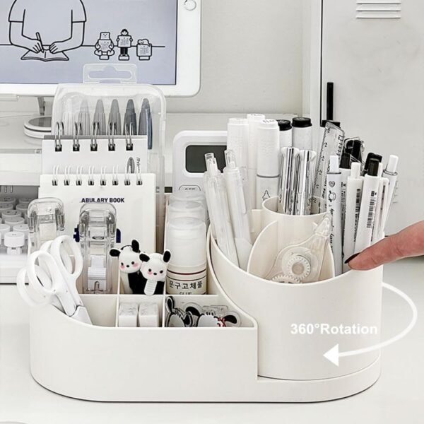 Revolve 360 Degree Rotating Office Desk and Makeup Brush Organizer Stand, Multipurpose Organizer with 16 Compartments for Brushes, Pens, Stationary – Durable, No Installation Needed (White)