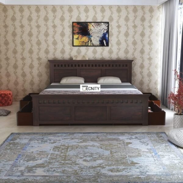 Roke King Size Sheesham Wood Bed with Storage for Bedroom | Sheesham Wood Bed | Solid Wood Bed | Bed WithStorage | King Size Bed | Double Bed | Bed for Living Room | Bedroom Furniture