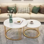 Round Side Tables, Modern Coffee Table with Marble Laminated Top, 2 Nesting Table Set with Storage Open Shelf for Living Room Modern Minimalist Style Furniture (Gold & White)