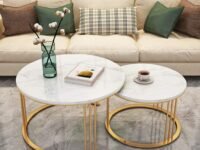Round Side Tables, Modern Coffee Table with Marble Laminated Top, 2 Nesting Table Set with Storage Open Shelf for Living Room Modern Minimalist Style Furniture (Gold & White)