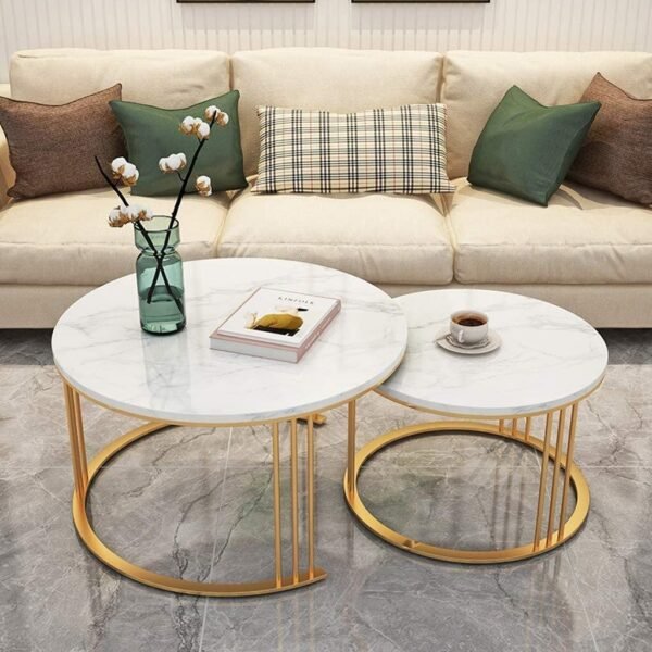 Round Side Tables, Modern Coffee Table with Marble Laminated Top, 2 Nesting Table Set with Storage Open Shelf for Living Room Modern Minimalist Style Furniture (Gold & White)