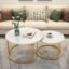 Round Side Tables, Modern Coffee Table with Marble Laminated Top, 2 Nesting Table Set with Storage Open Shelf for Living Room Modern Minimalist Style Furniture (Gold & White)