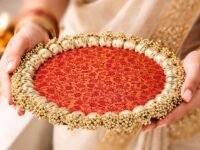 SATYAM KRAFT 1 Pc Handmade Jhumki Platter (10 Inch) with Gota Patti & Golden Moti | Wedding Decoration Setup, Festive Home Décor, Haldi Mehendi Setup, Table Centerpiece & Wedding Gifting Items