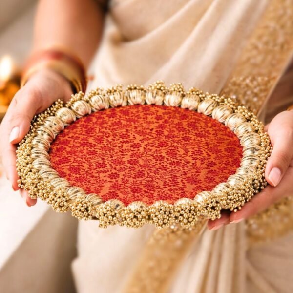 SATYAM KRAFT 1 Pc Handmade Jhumki Platter (10 Inch) with Gota Patti & Golden Moti | Wedding Decoration Setup, Festive Home Décor, Haldi Mehendi Setup, Table Centerpiece & Wedding Gifting Items