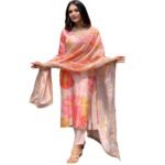 SHIENZY Cotton Blend Embroidered V Neck Kurta Set for Women | Straight Fit Kurta with Pants & Dupatta | Casual Office Wear Ethnic Kurti for Women