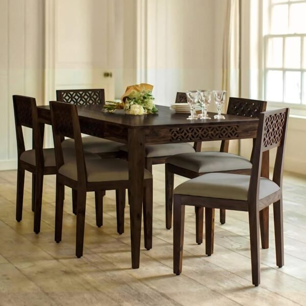 SONA ART & CRAFTS CNC Solid Sheesham Wood Dining Table Set 6 Seater Dinner Dinning Table with 6 Cushion Chair for Dining Furniture for Living Room Home Hotel Office Self Assembly (Dark Brown)