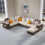 Salena 9 Seater Fabric Sofa Set with 4-Puffy Convertible Sofa Set for Living Room (Beige & Brown)