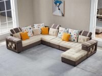 Salena 9 Seater Fabric Sofa Set with 4-Puffy Convertible Sofa Set for Living Room (Beige & Brown)