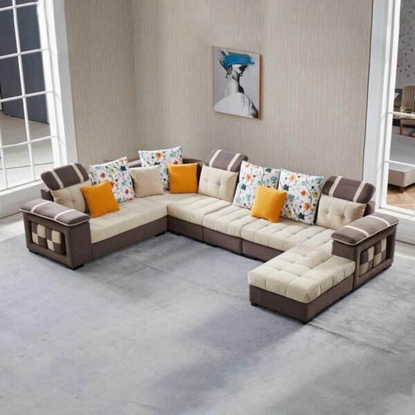 Salena 9 Seater Fabric Sofa Set with 4-Puffy Convertible Sofa Set for Living Room (Beige & Brown)