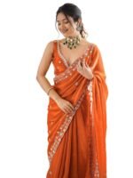 Satrani Women's Tissue Silk Scalloped Border Sequins Embroidery Saree with Unstitched Blouse Piece