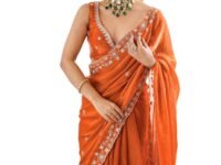 Satrani Women's Tissue Silk Scalloped Border Sequins Embroidery Saree with Unstitched Blouse Piece