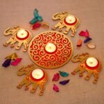 Saudeep India MDF Wood Readymade Elephant Rangoli Set with Tealights | Tea Light Candle for Diwali Decoration Items for Home Decor Best Festive Corporate Gift Item