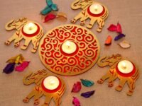 Saudeep India MDF Wood Readymade Elephant Rangoli Set with Tealights | Tea Light Candle for Diwali Decoration Items for Home Decor Best Festive Corporate Gift Item