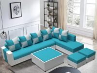 Sleepify Stylon 8 Seater Fabric RHS L Shape Sofa Set with 1 Centre Table & 2 Puffy (BlueLight Grey)