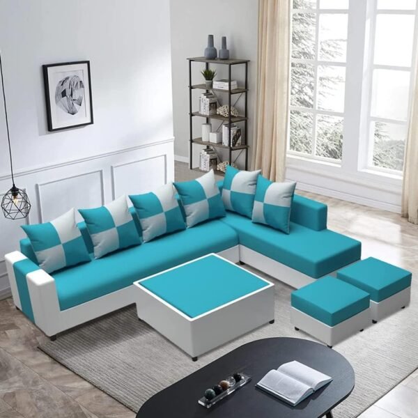 Sleepify Stylon 8 Seater Fabric RHS L Shape Sofa Set with 1 Centre Table & 2 Puffy (BlueLight Grey)